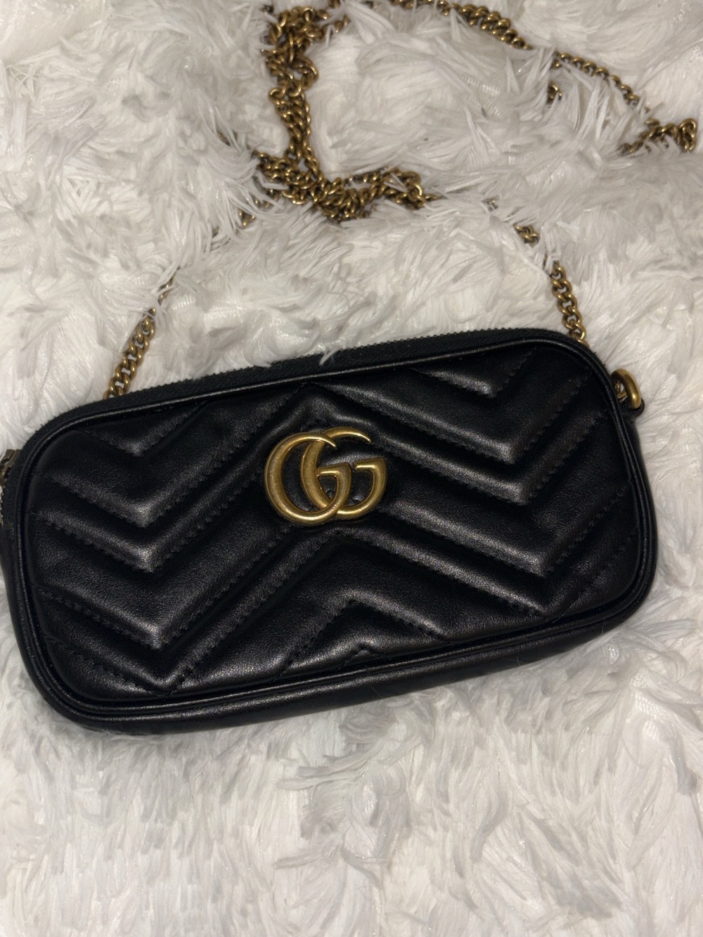 Gucci Black Chevron Leather Wallet on Chain Crossbody with Gold GG 100%Authentic